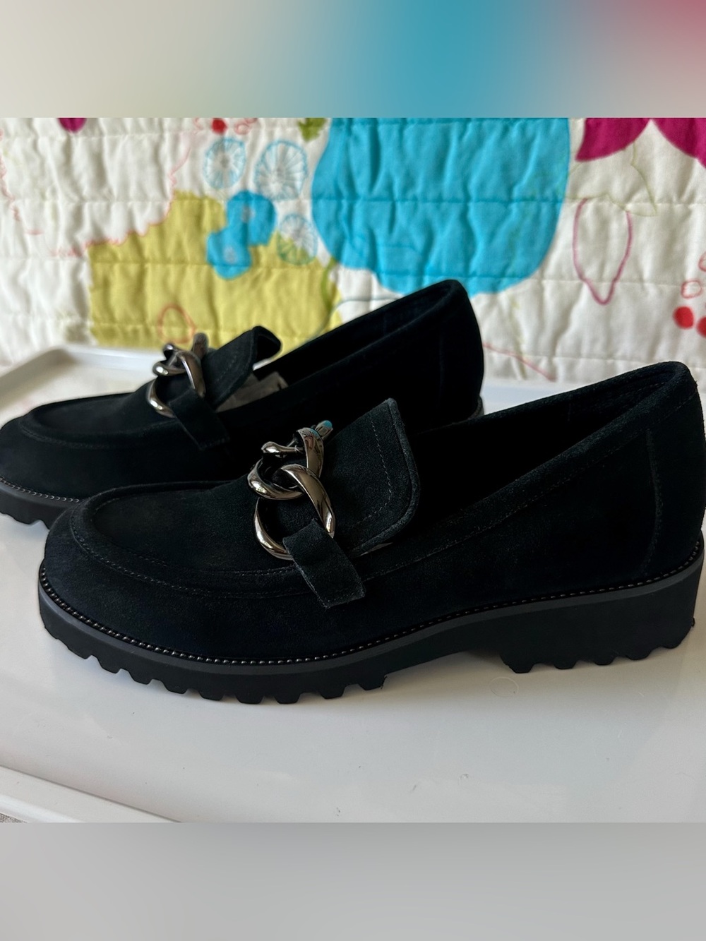 vaneli black water resistant suede loafers w large chain detail / size 8n
